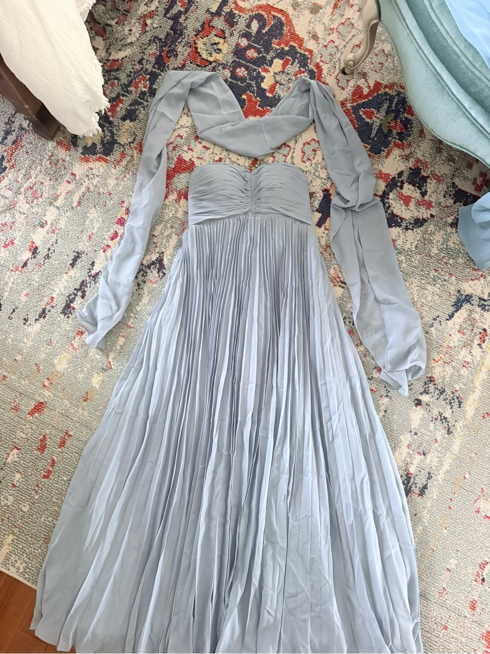Dusty Blue Strapless Pleated Bridesmaid Dress with Scarf